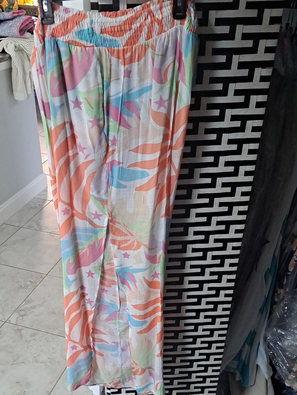 Wide Leg Printed Beach Pants in Coral & Pastel Multicolor